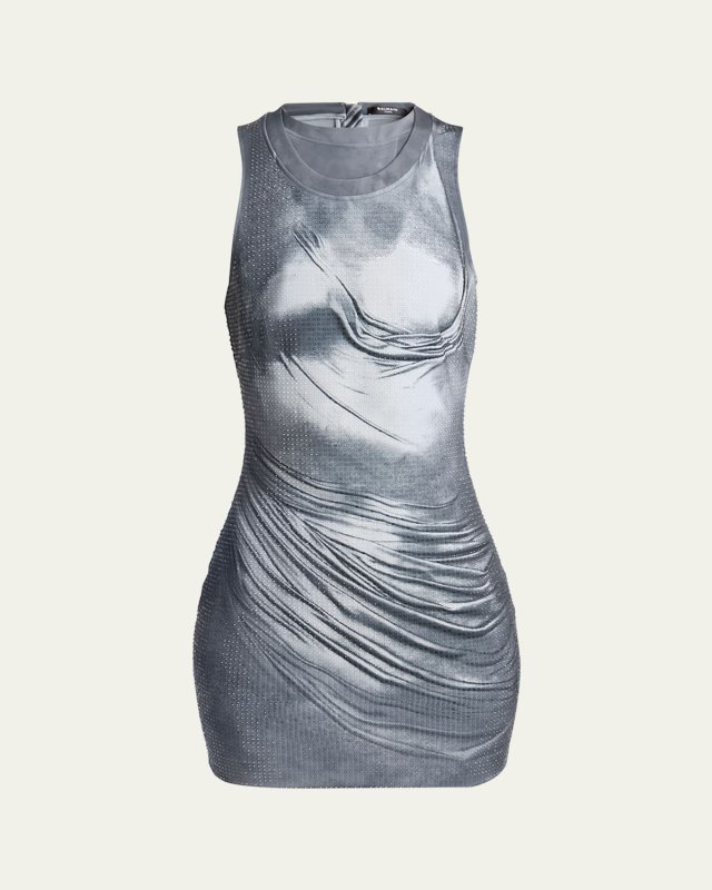 Draped Trompe Loeil Strass Metallic Mini Dress